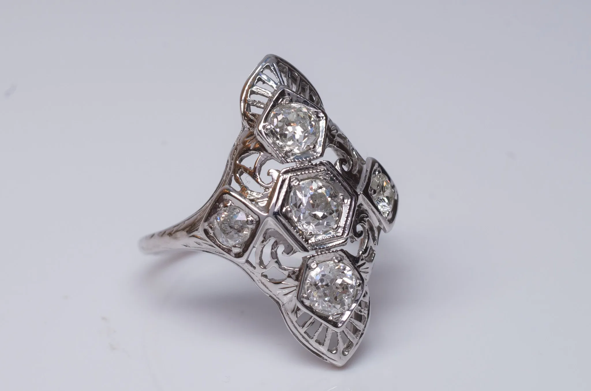0.76CTW VINTAGE NAVETTE STYLE OLD MINE CUT 5 DIAMOND RING