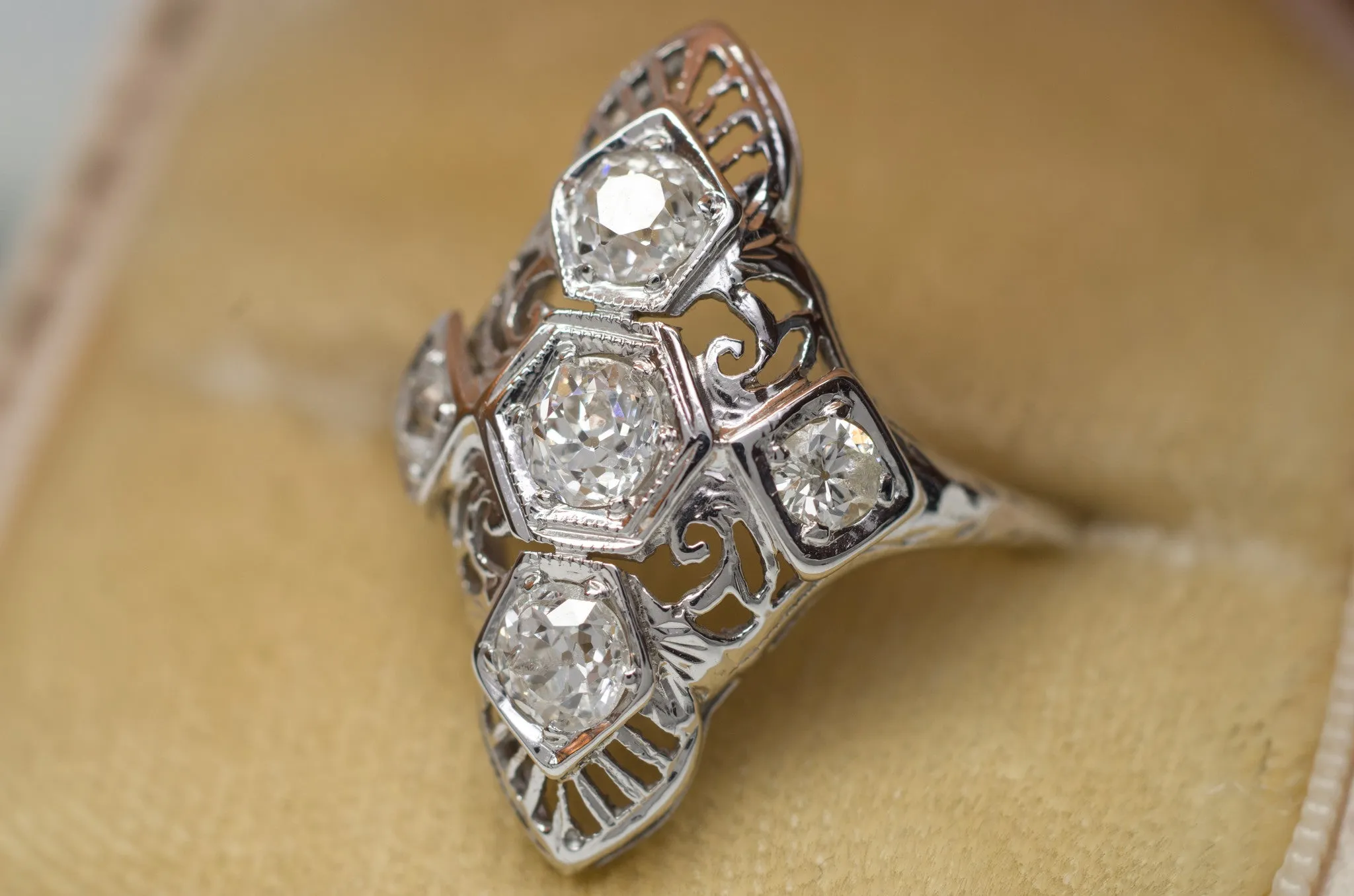 0.76CTW VINTAGE NAVETTE STYLE OLD MINE CUT 5 DIAMOND RING