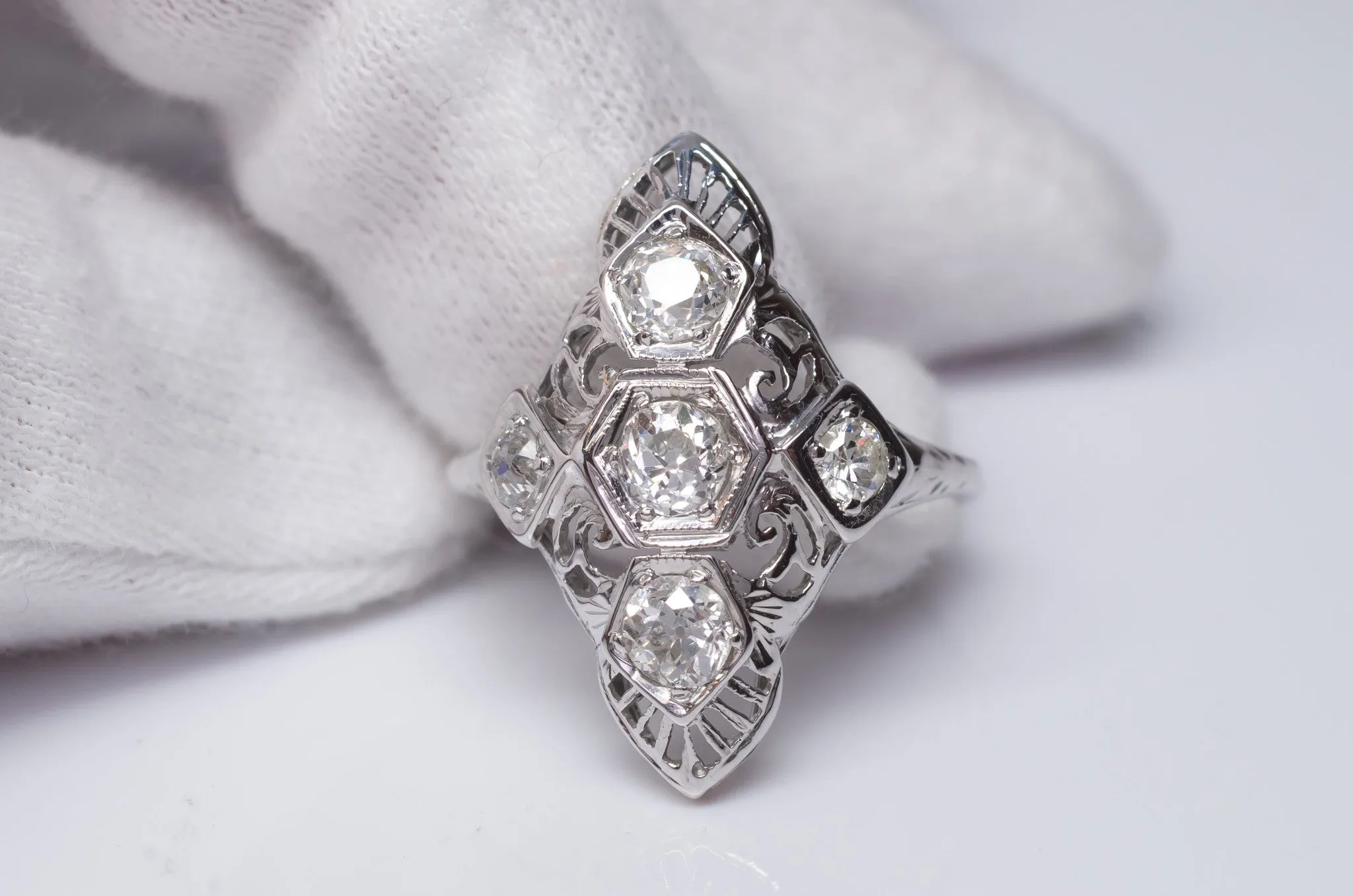 0.76CTW VINTAGE NAVETTE STYLE OLD MINE CUT 5 DIAMOND RING