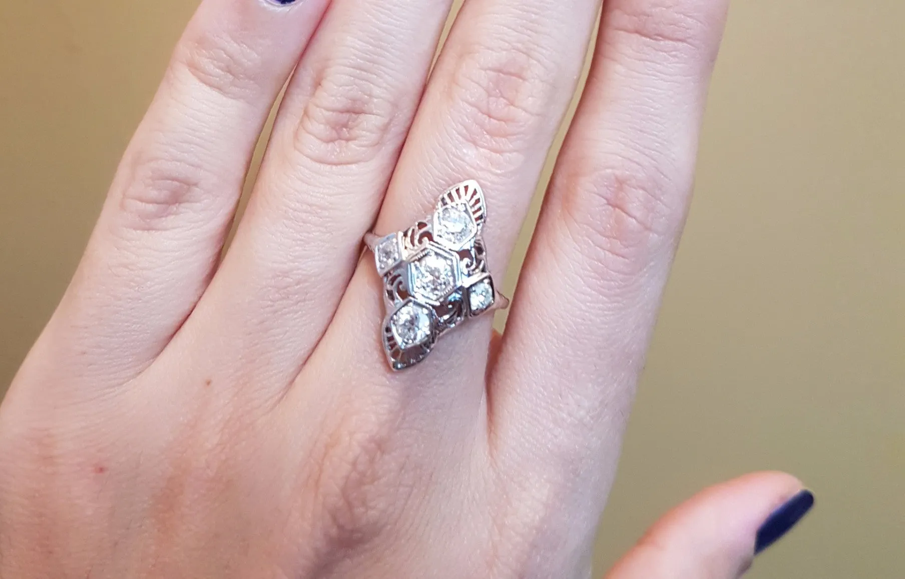 0.76CTW VINTAGE NAVETTE STYLE OLD MINE CUT 5 DIAMOND RING