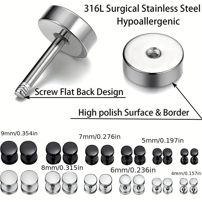 12 Pairs Flat Back Barbell Men's Earrings Titanium Stainless Steel Pierced Studs