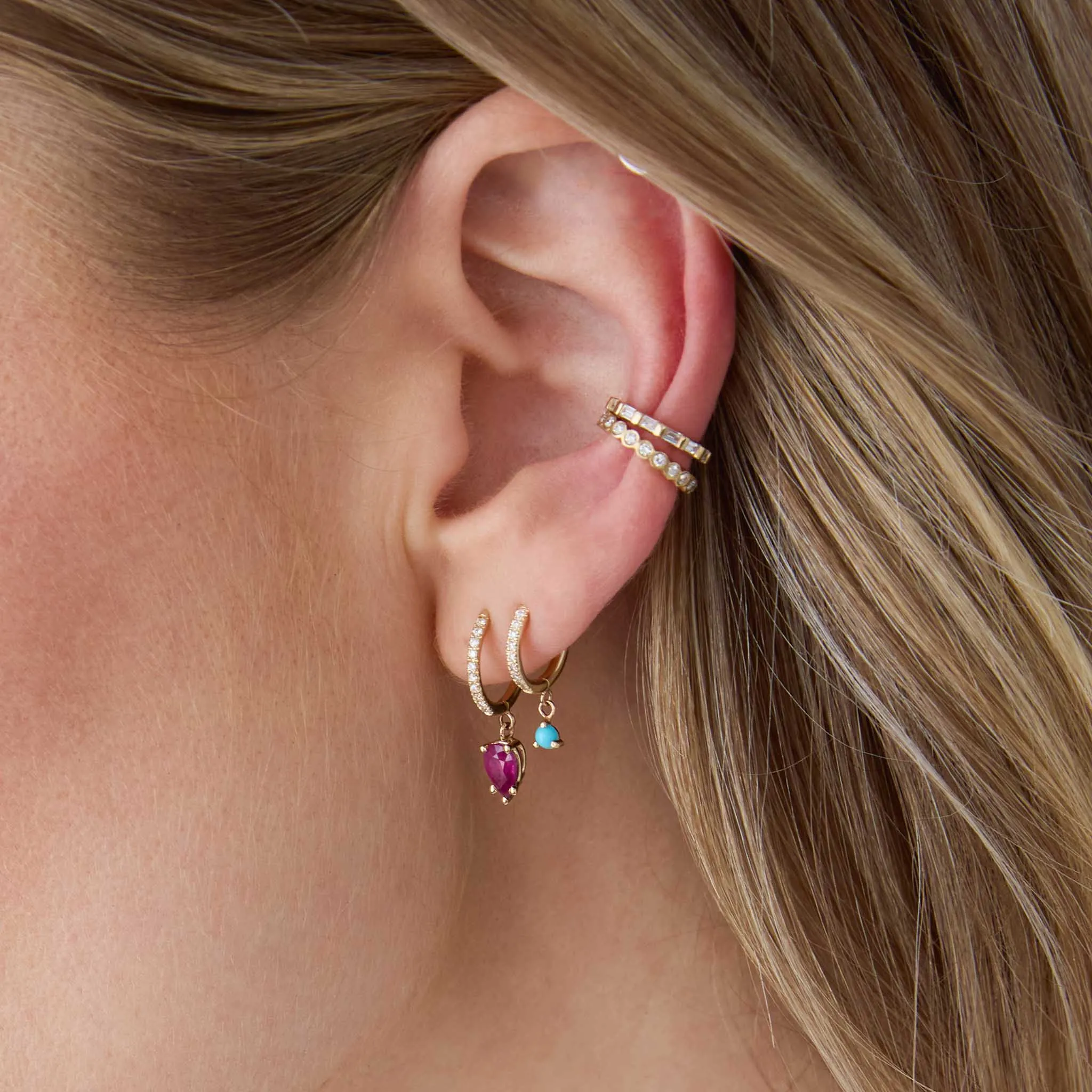 14k Dangling Turquoise Small Pavé Diamond Hinge Huggie Hoops