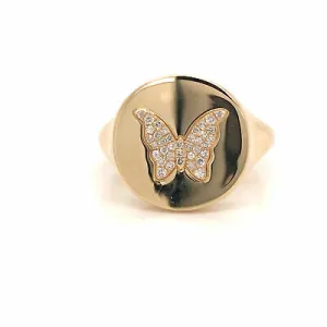 14K Diamond Butterfly Signet Ring Yellow Gold