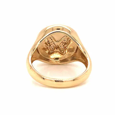 14K Diamond Butterfly Signet Ring Yellow Gold