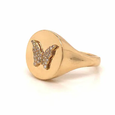 14K Diamond Butterfly Signet Ring Yellow Gold