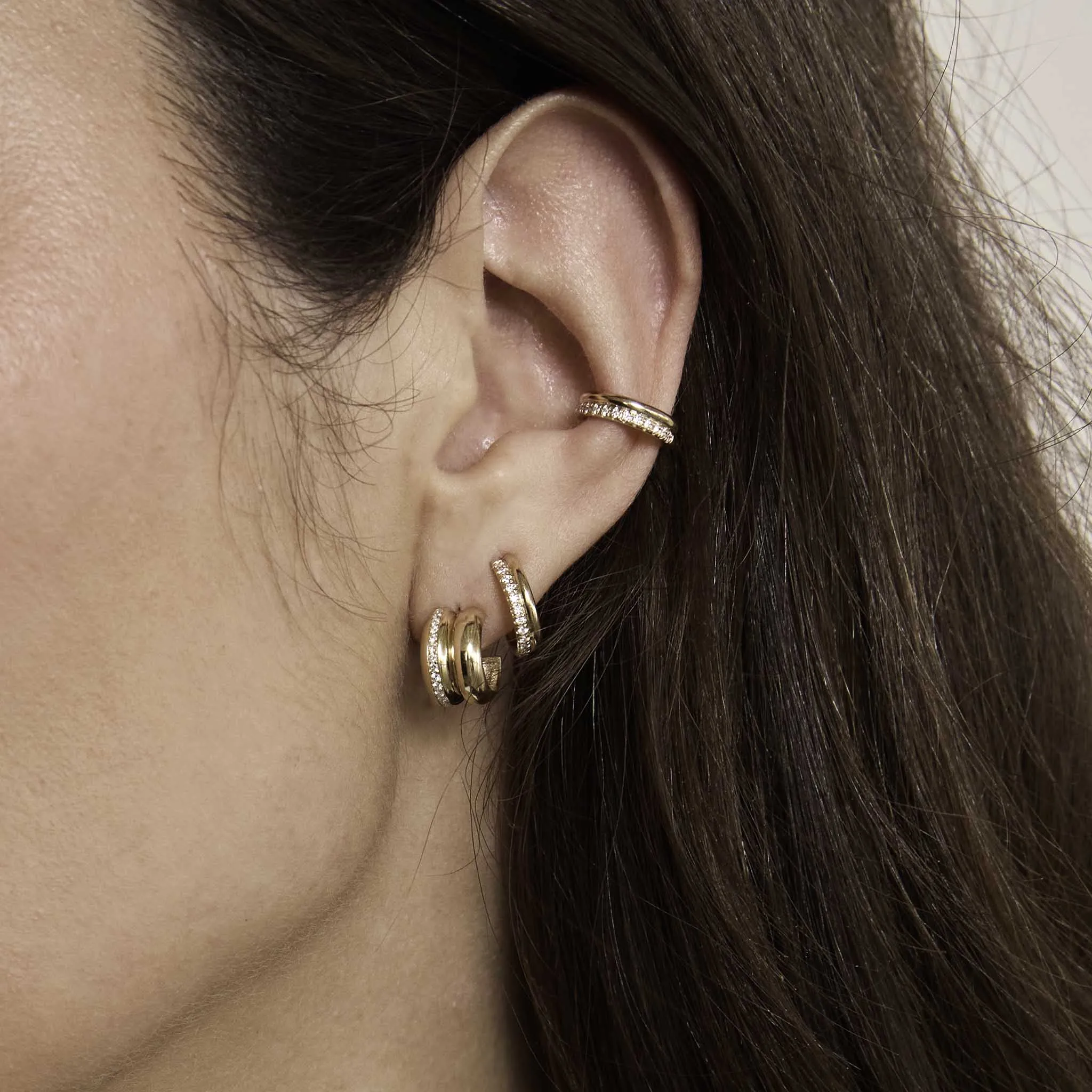 14k Gold & Pavé Diamond Line Double Chubby Huggie Hoops