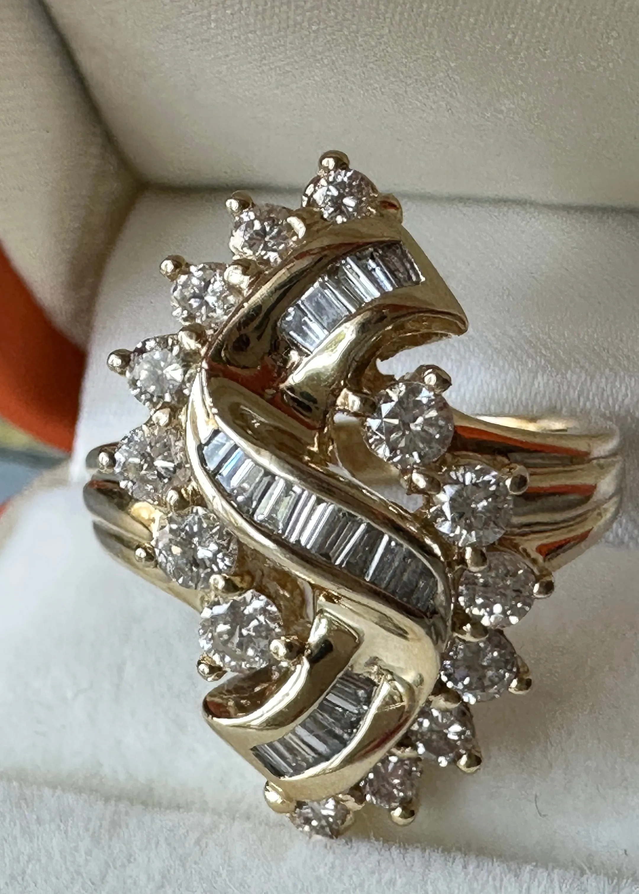 14k Gold and Diamond Cluster Ring with Baguettes