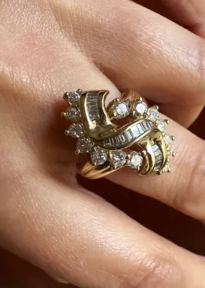14k Gold and Diamond Cluster Ring with Baguettes