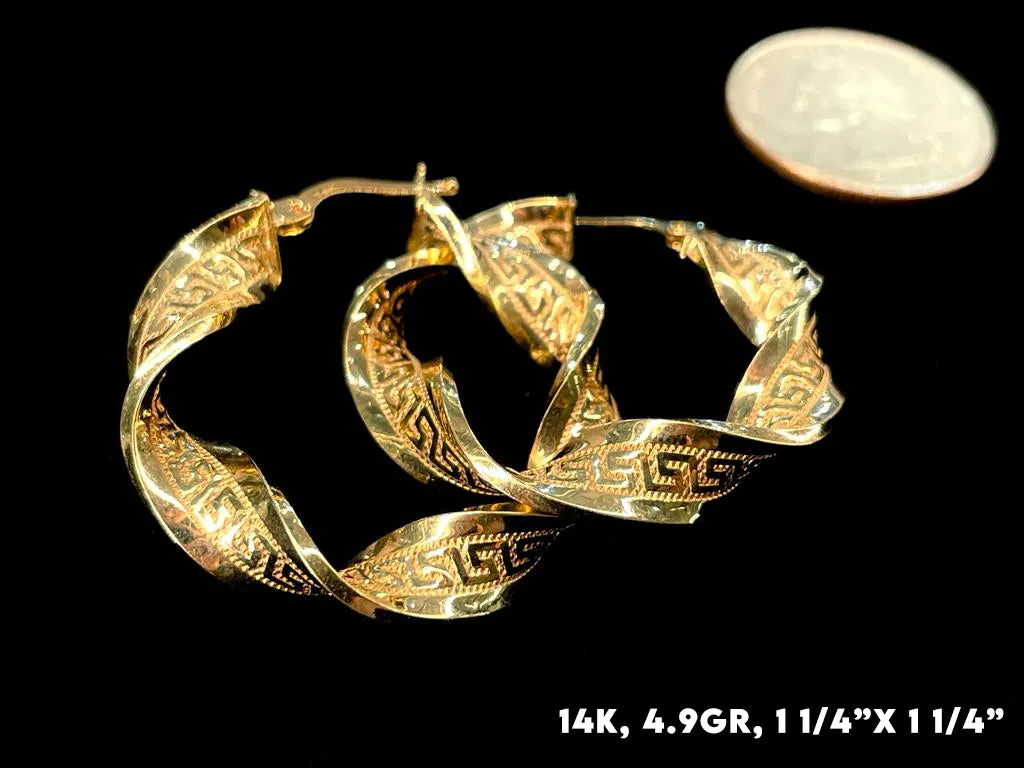 14K Gold Greek Pattern Hoop Earrings