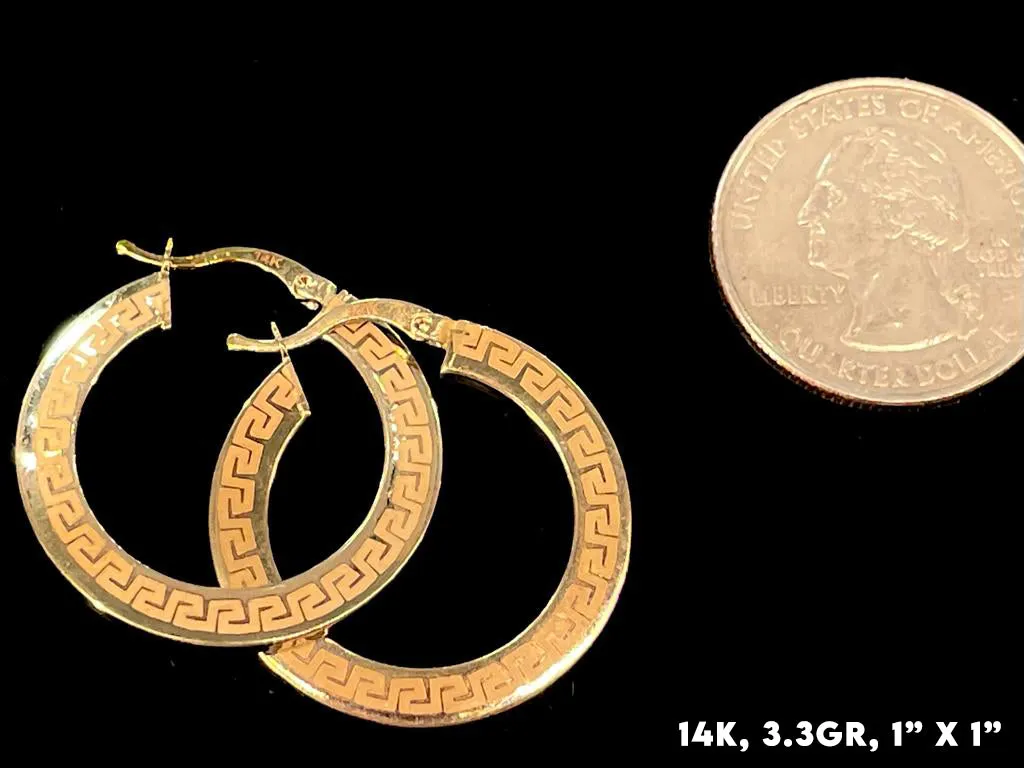14K Gold Greek Pattern Hoop Earrings