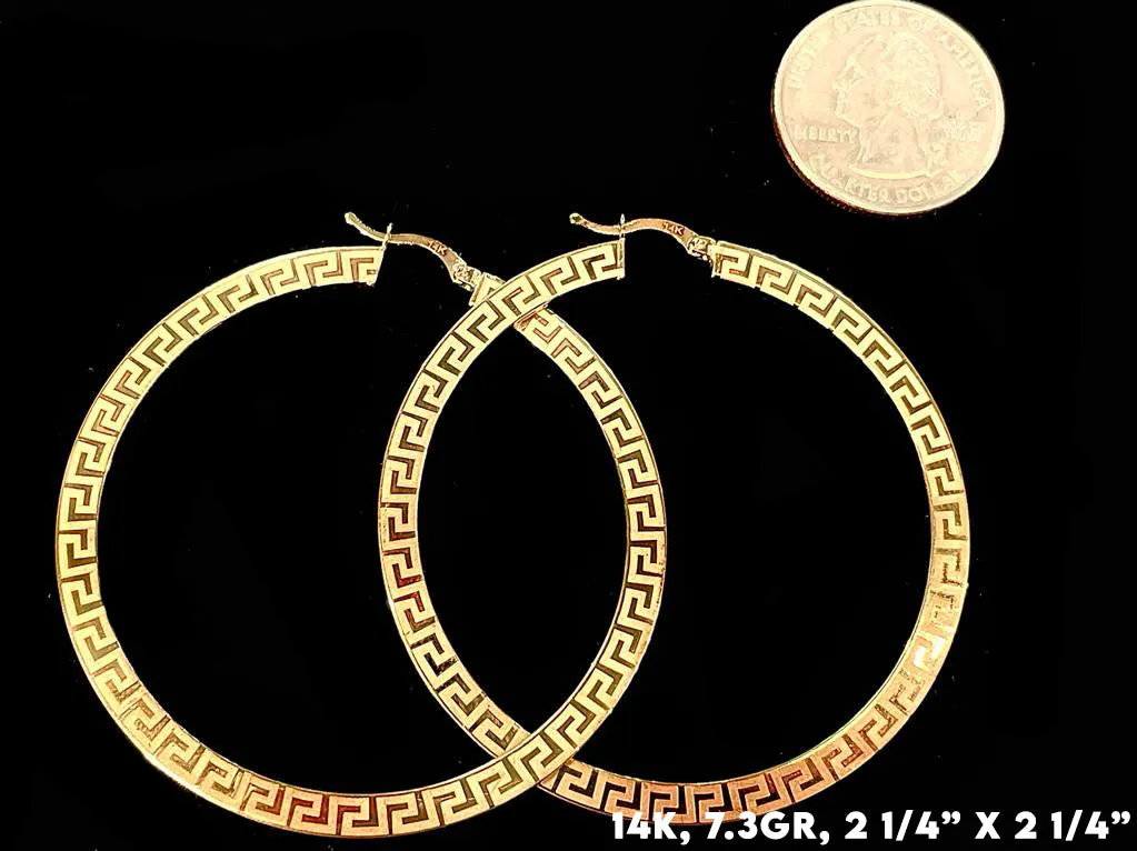14K Gold Greek Pattern Hoop Earrings