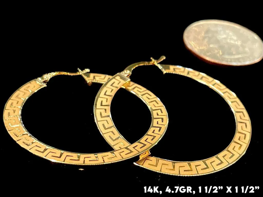 14K Gold Greek Pattern Hoop Earrings