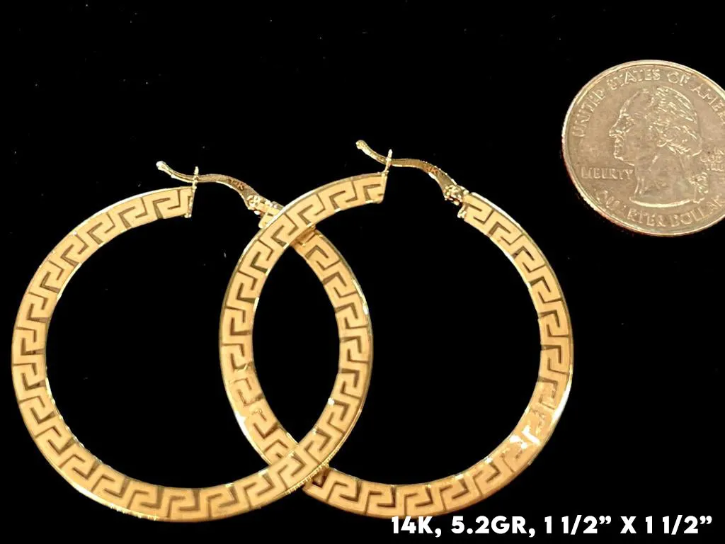14K Gold Greek Pattern Hoop Earrings