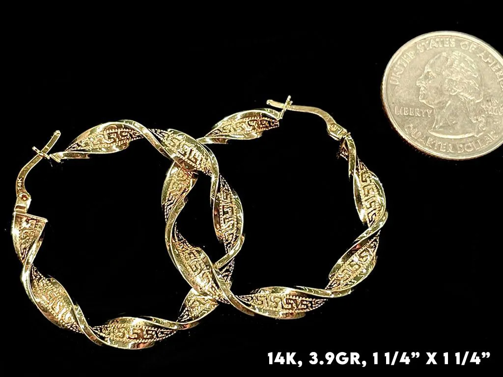 14K Gold Greek Pattern Hoop Earrings