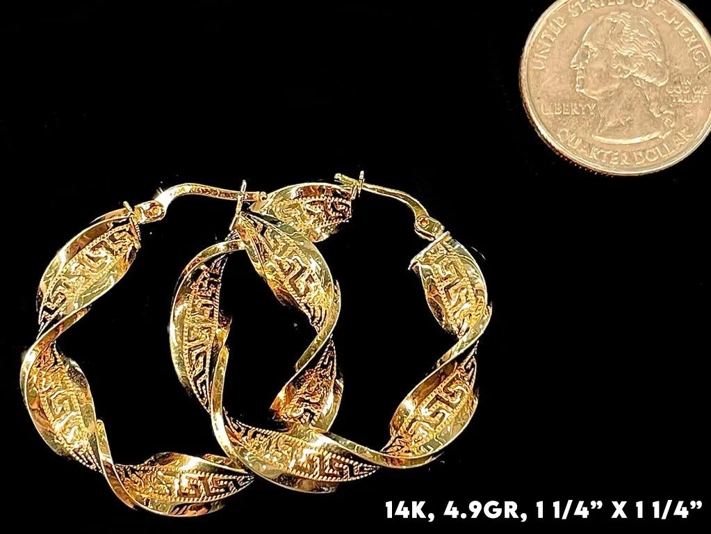 14K Gold Greek Pattern Hoop Earrings