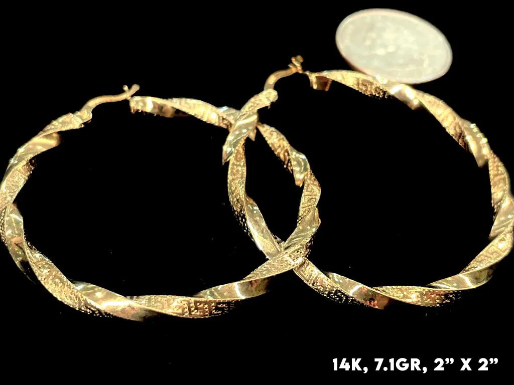 14K Gold Greek Pattern Hoop Earrings