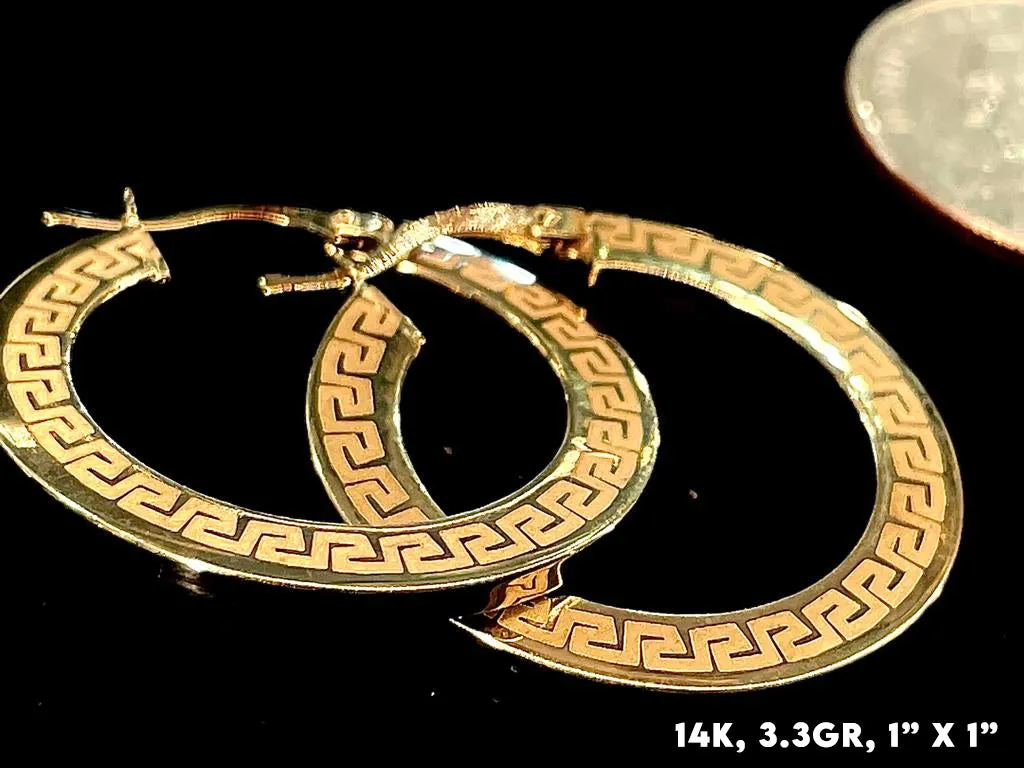 14K Gold Greek Pattern Hoop Earrings