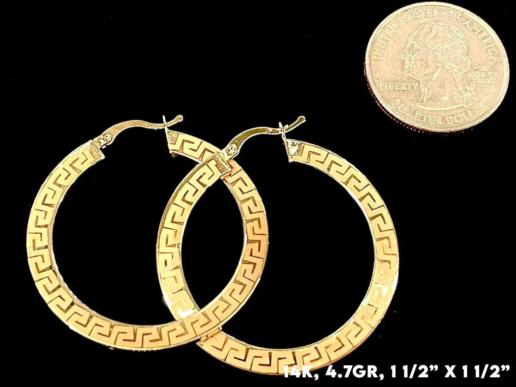 14K Gold Greek Pattern Hoop Earrings