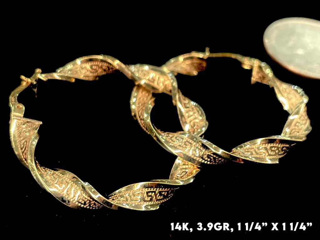 14K Gold Greek Pattern Hoop Earrings