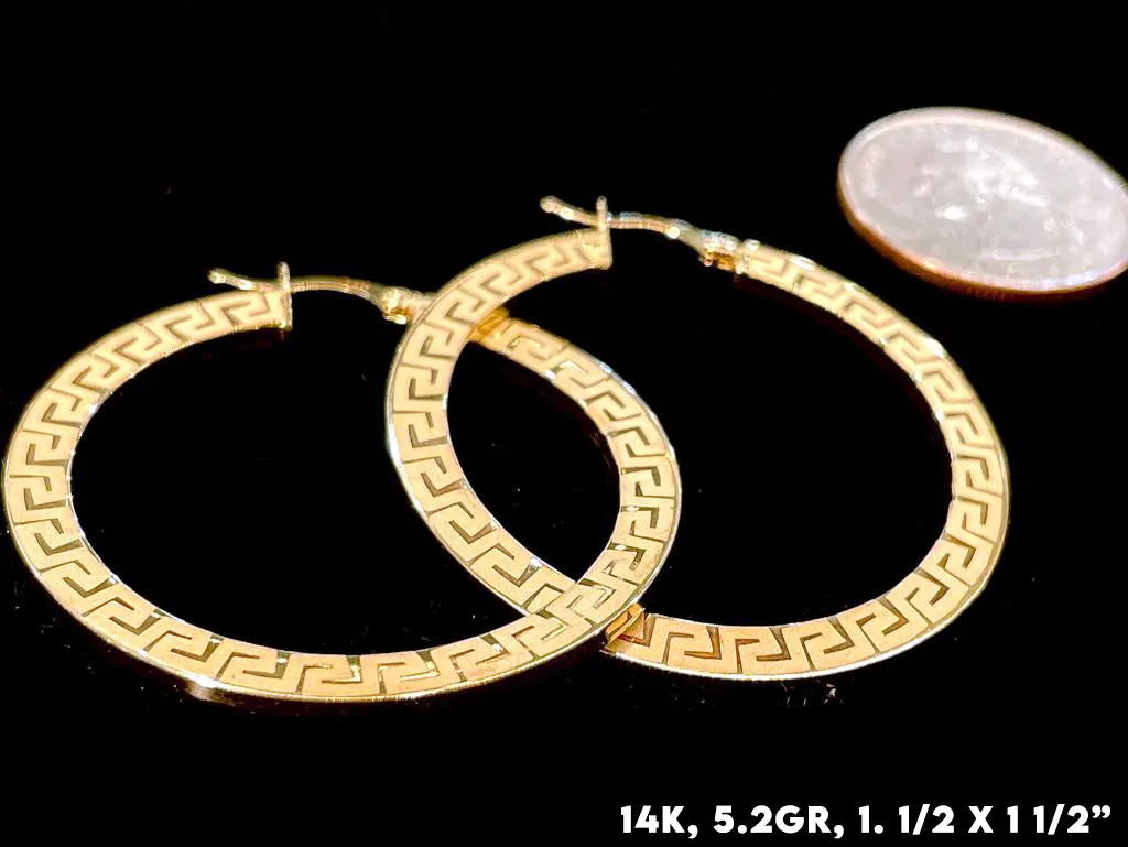 14K Gold Greek Pattern Hoop Earrings