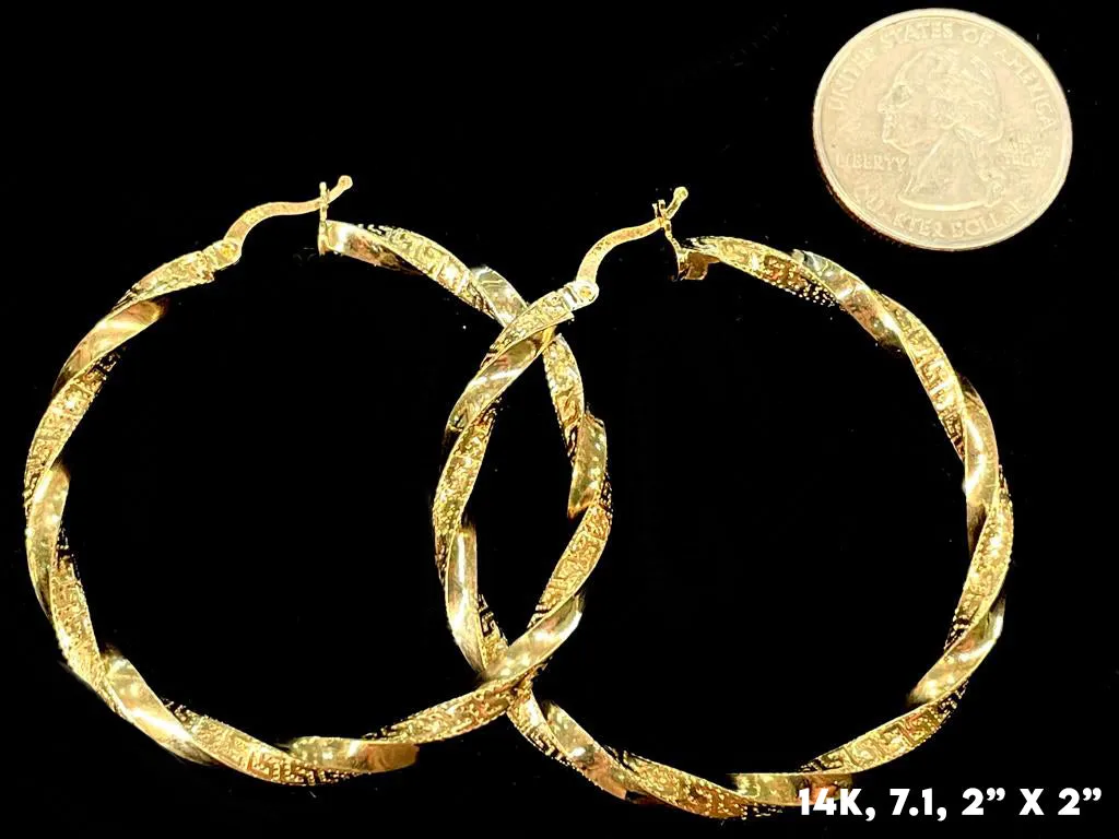 14K Gold Greek Pattern Hoop Earrings