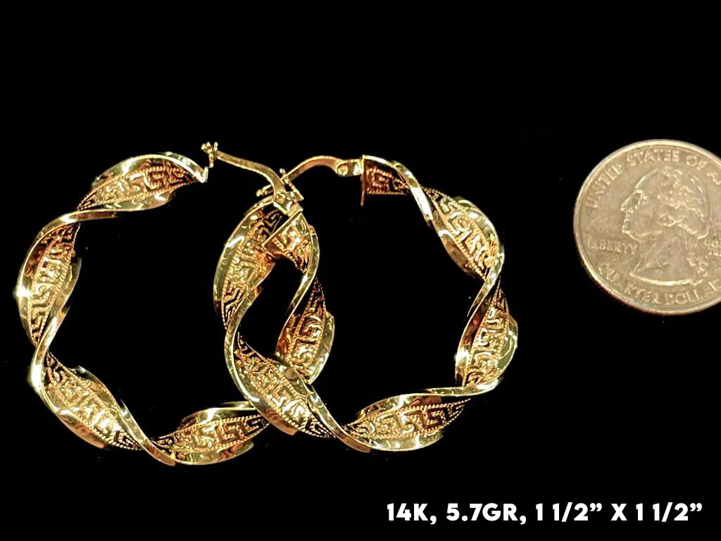 14K Gold Greek Pattern Hoop Earrings