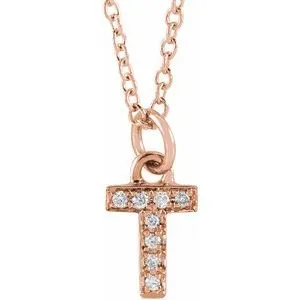 14K Rose .03 CTW Natural Diamond Petite Initial T 16-18" Necklace