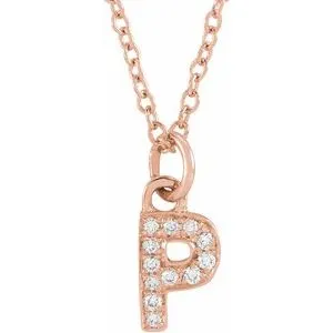 14K Rose .04 CTW Natural Diamond Petite Initial P 16-18" Necklace
