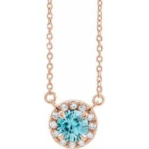 14K Rose 5.5 mm Natural Blue Zircon 1/10 CTW Natural Diamond 16" Necklace