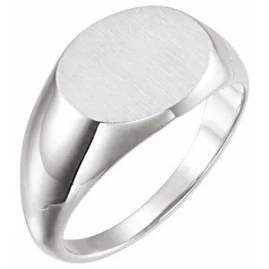 14K White 14x12 mm Oval Signet Ring