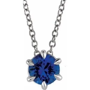 14K White 4 mm Natural Blue Sapphire Solitaire 16-18" Necklace