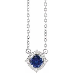 14K White Lab-Grown Blue Sapphire & .04 CTW Natural Diamond Halo-Style 18" Necklace