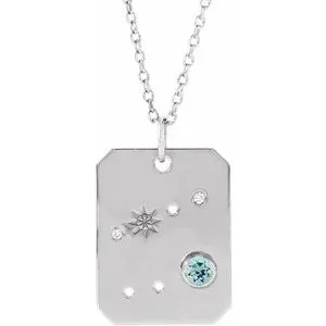 14K White Natural Aquamarine & .01 Natural Diamond Cancer Constellation 16-18" Necklace