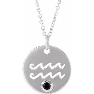 14K White Natural Black Spinel Aquarius Zodiac 16-18" Necklace