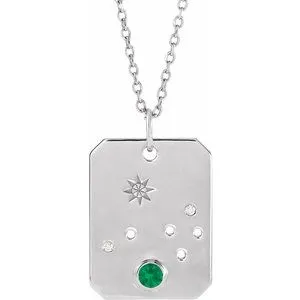 14K White Natural Emerald & .01 Natural Diamond Aries Constellation 16-18" Necklace
