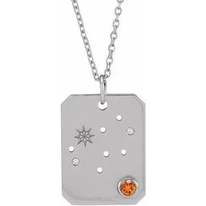14K White Natural Spessartite Garnet & .01 Natural Diamond Virgo Constellation 16-18" Necklace