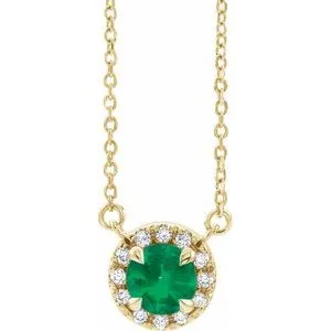 14K Yellow 5 mm Lab-Grown Emerald & 1/10 CTW Natural Diamond 16" Necklace