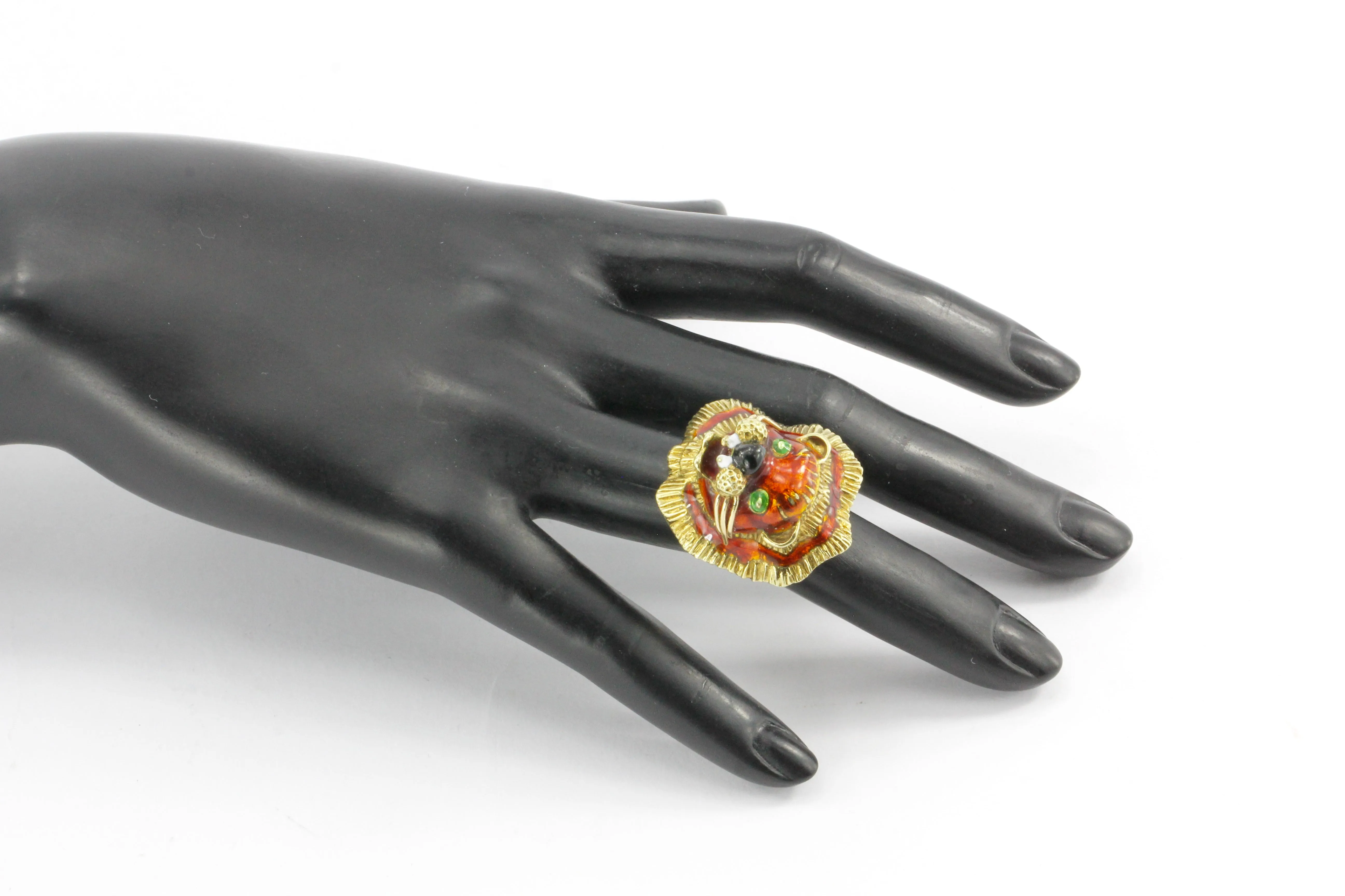 14K Yellow Gold and Enamel Martine Lion Ring