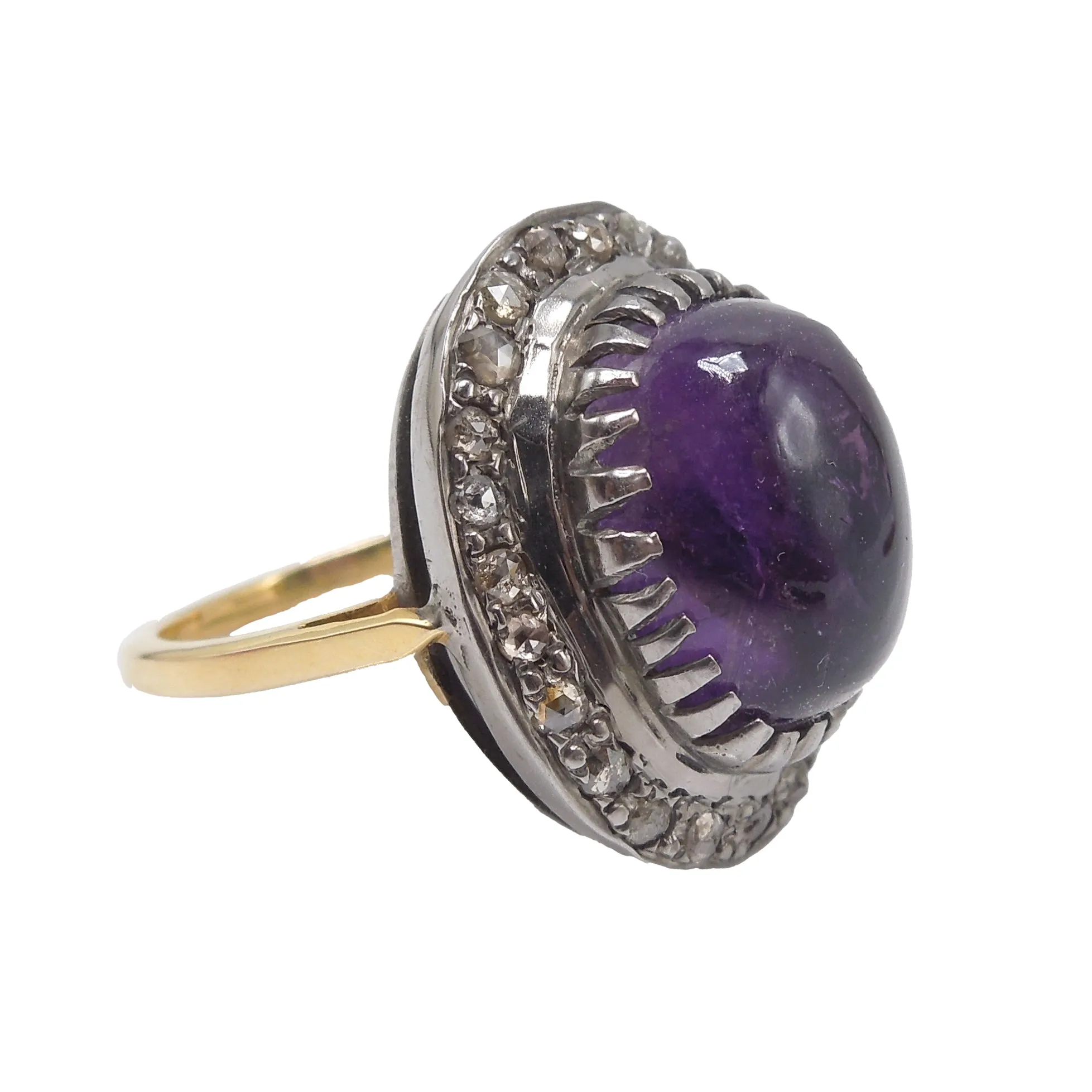 14K Yellow Gold and Sterling Silver Cabochon Amethyst and Diamond Ring