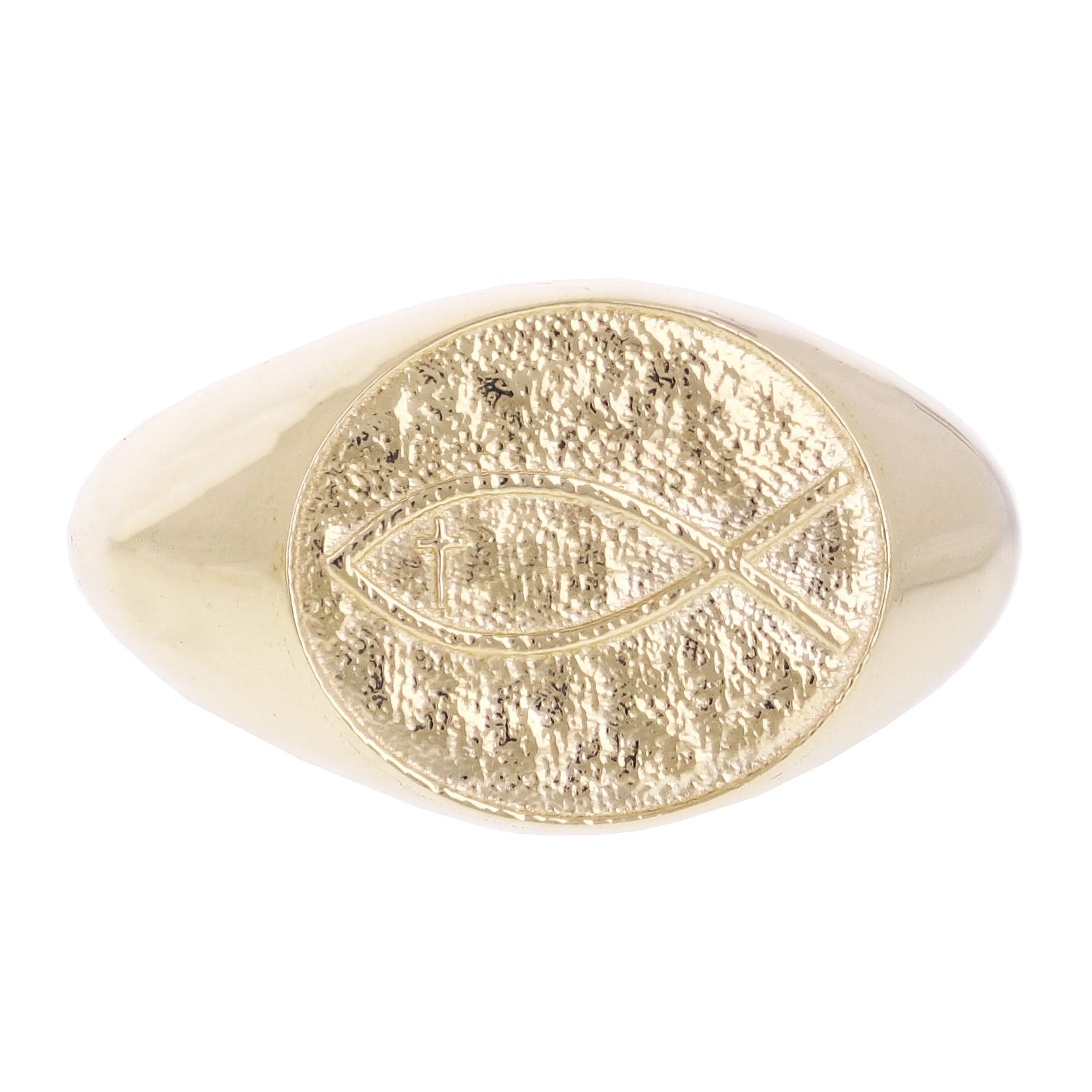 14k Yellow Gold Oval Signet Ichthus Ring Christian Fish Size 8 13.5 mm 6.4 grams