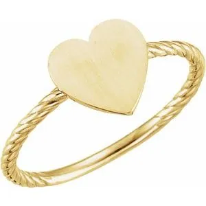14K Yellow Heart Engravable Rope Ring