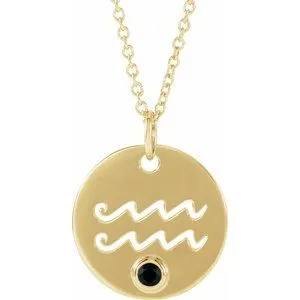 14K Yellow Natural Black Spinel Aquarius Zodiac 16-18" Necklace