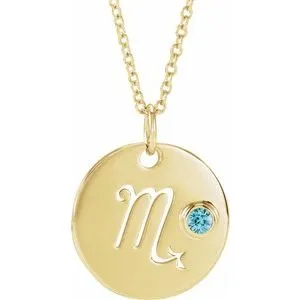 14K Yellow Natural Blue Zircon Scorpio Zodiac 16-18" Necklace