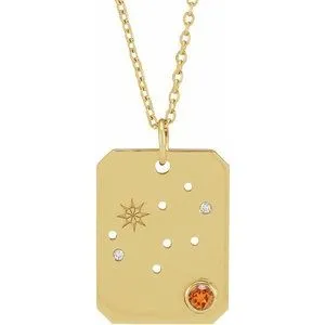 14K Yellow Natural Spessartite Garnet & .01 Natural Diamond Virgo Constellation 16-18" Necklace