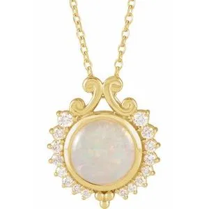 14K Yellow Natural White Opal & 1/6 CTW Natural Diamond   16-18" Necklace