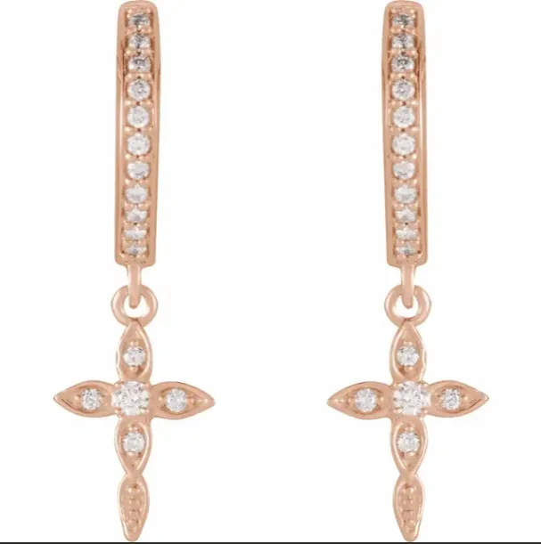 14KT Rose Gold Diamond Huggie Hoops Cross Charms Earrings
