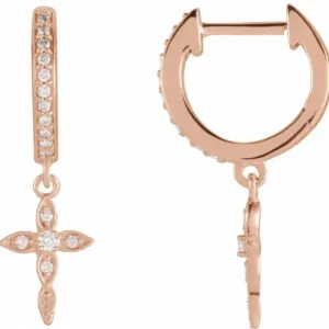 14KT Rose Gold Diamond Huggie Hoops Cross Charms Earrings