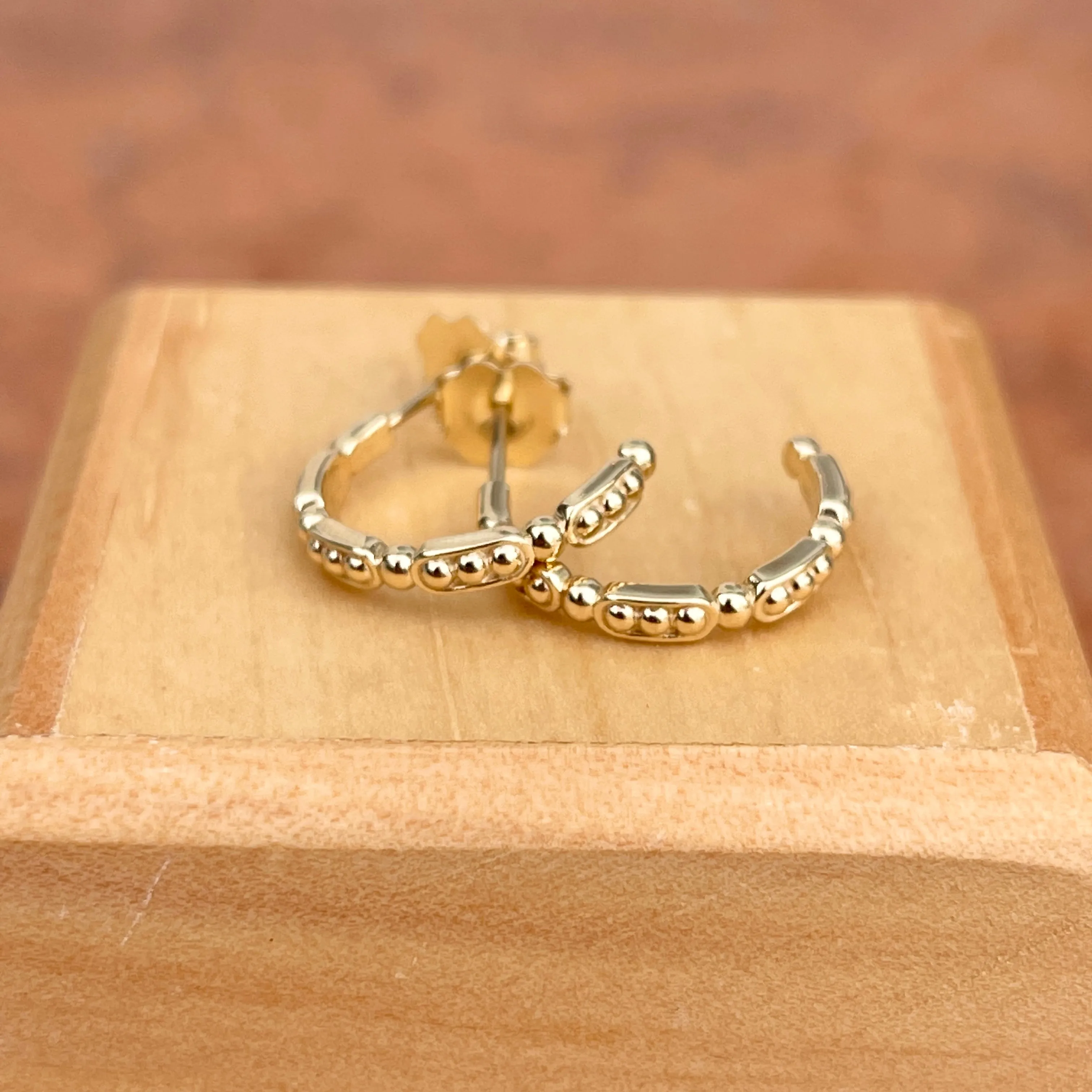 14KT Yellow Gold Beaded C-Shape Small Hoop Earrings
