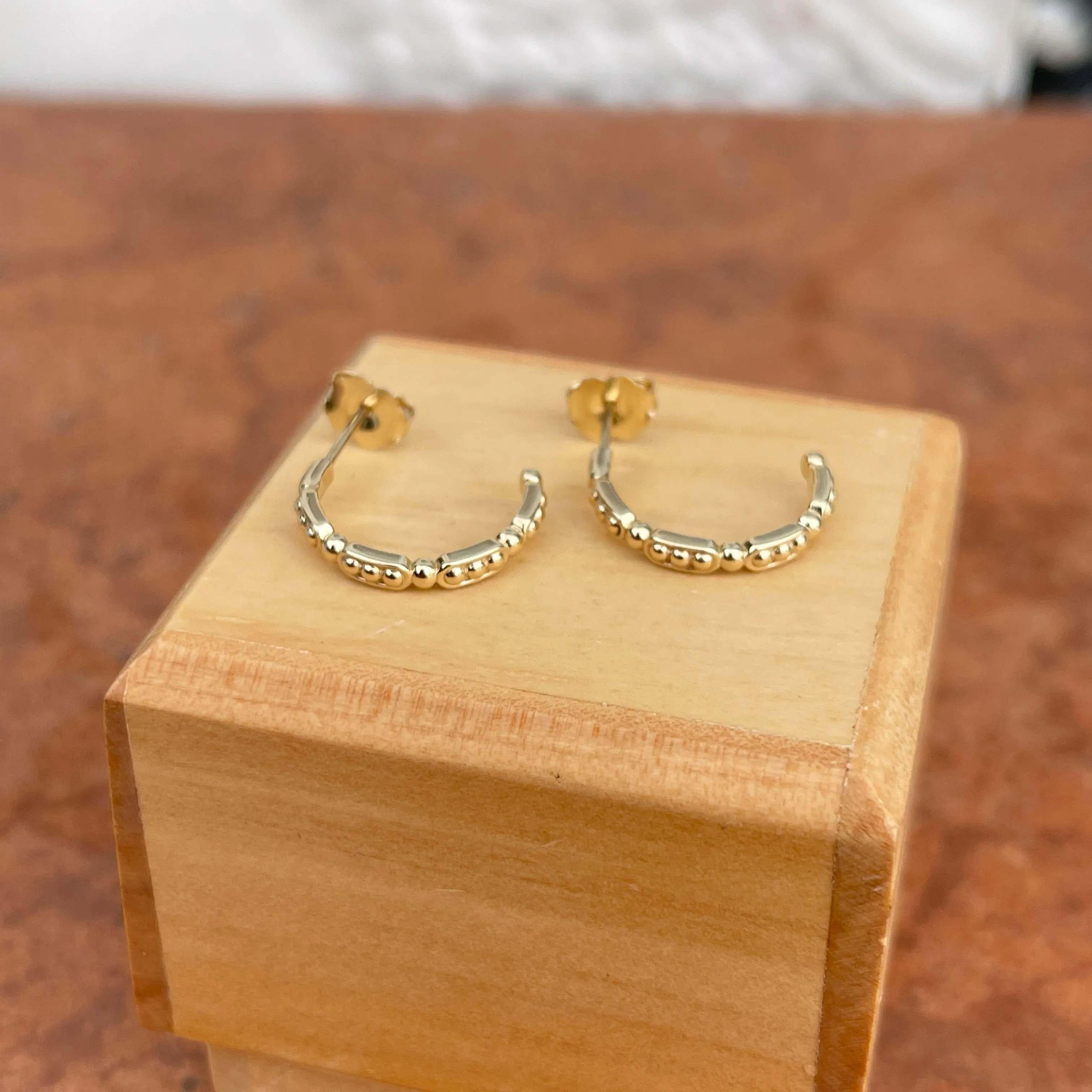 14KT Yellow Gold Beaded C-Shape Small Hoop Earrings