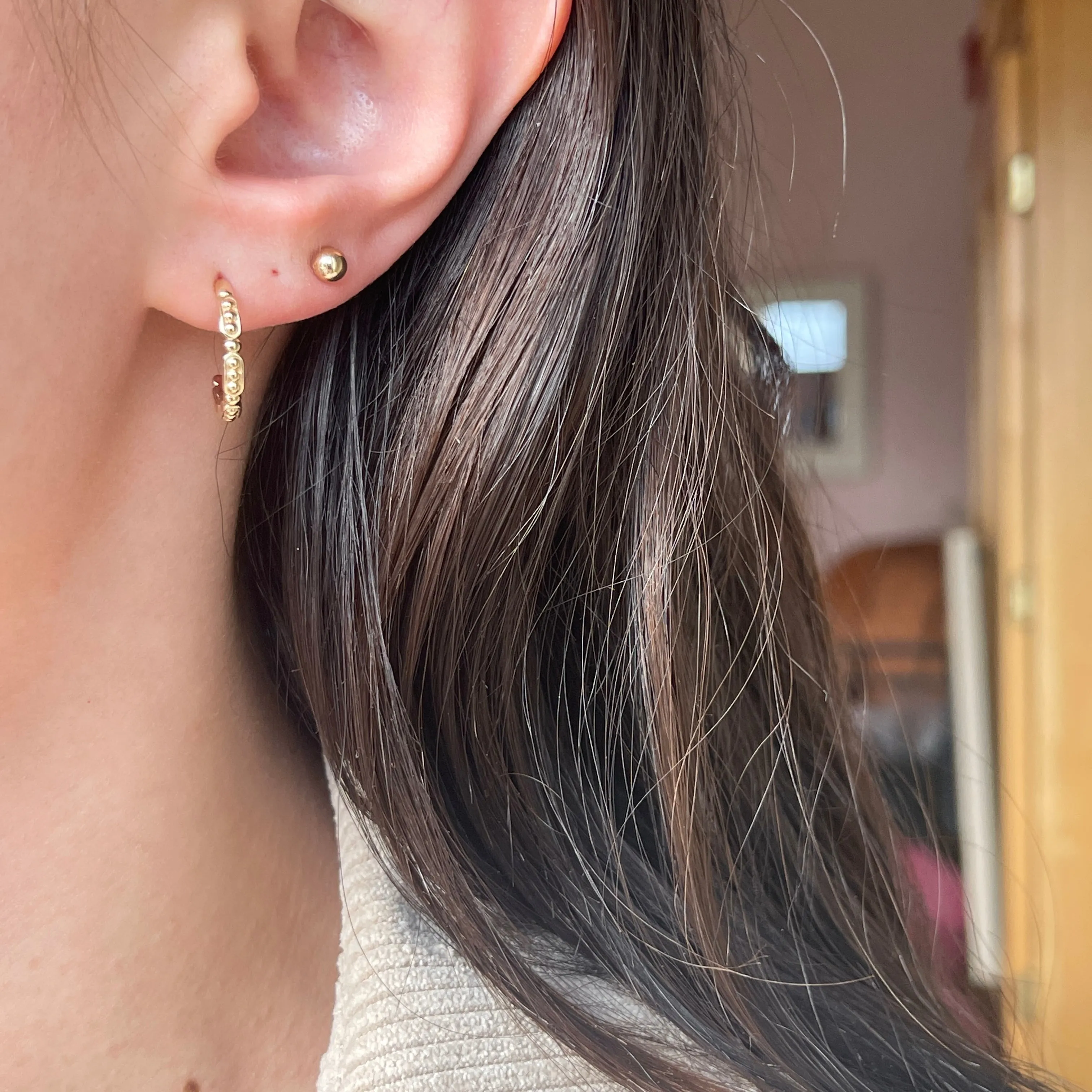 14KT Yellow Gold Beaded C-Shape Small Hoop Earrings